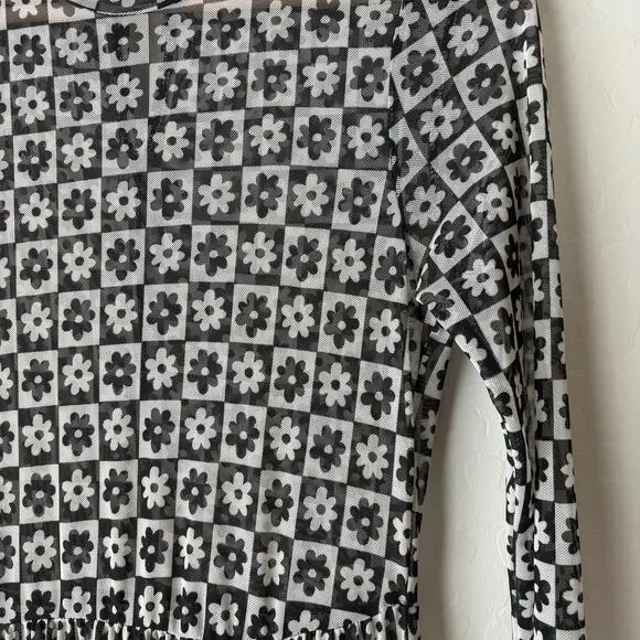 Dressed in Lala Dress Mesh Floral Checkered Long Sleeve Maxi Dress Black White S - Picture 6 of 8